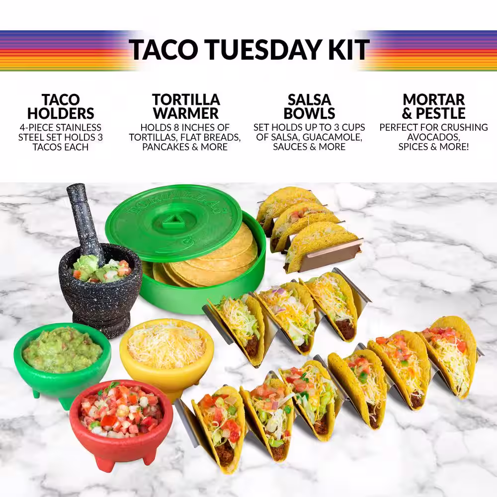 TACO TUESDAY Stainless Steel and Plastic Taco Kit (9-Piece Set)