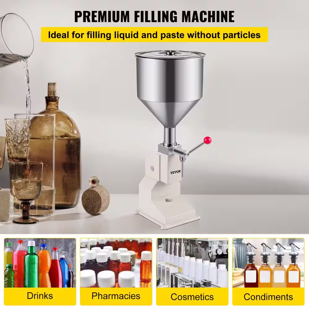 VEVOR Manual Liquid Filling Machine 22 lbs. Capacity Stainless Steel Bottle Filler 5 to 50ml for Paste Cream Cosmetic, White