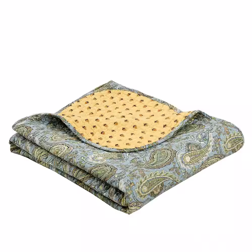 None Country Stream Blues Paisley Blue Green Yellow Scalloped Cotton Throw Blanket (Set of 1)