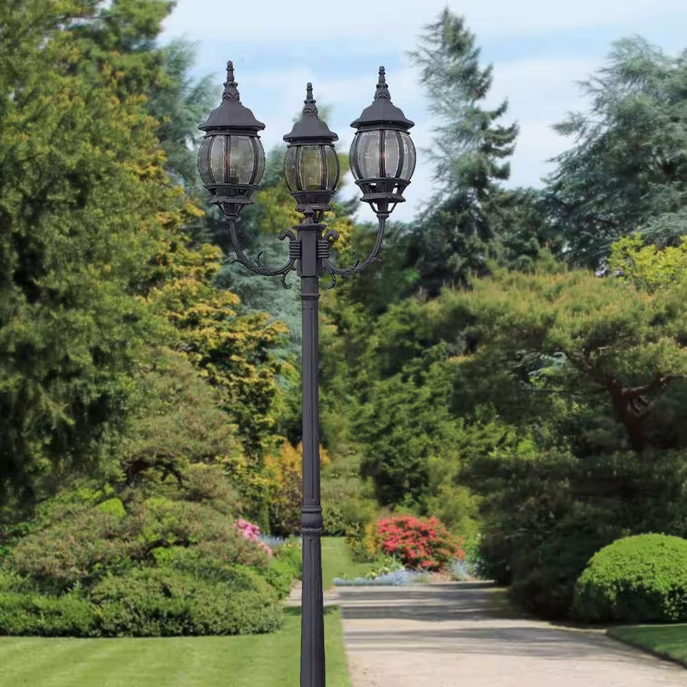 Bel Air Lighting Parkway 7.6 ft. 3-Light Black Outdoor Lamp Post Light Fixture Set with Clear Glass