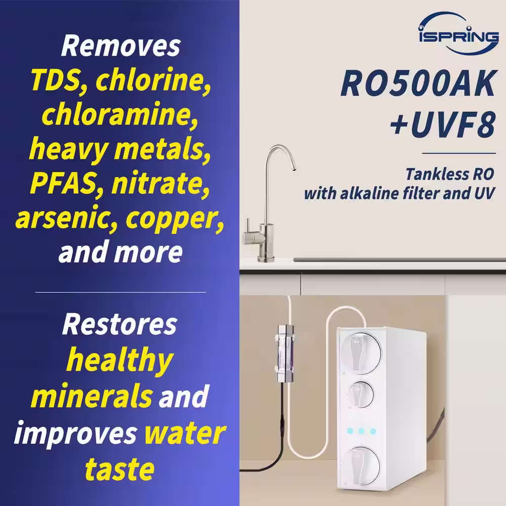 ISPRING RO500AK-BN+UVF8 Tankless Reverse Osmosis Water Filtration System with Alkaline Filter and LED UVF8 Light, 500 GPD, 2:1