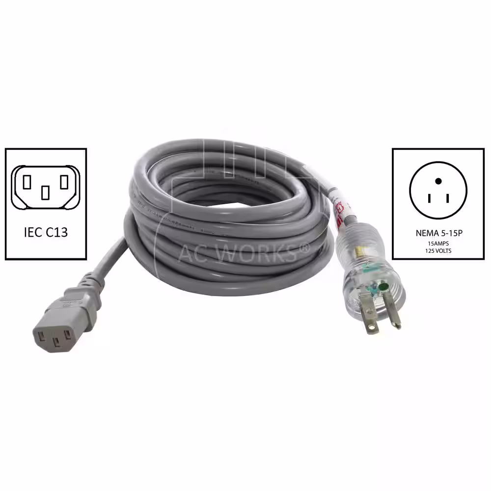 AC WORKS 10 ft. 15 Amp 14/3 Medical Grade Power Cord with IEC C13 Connector