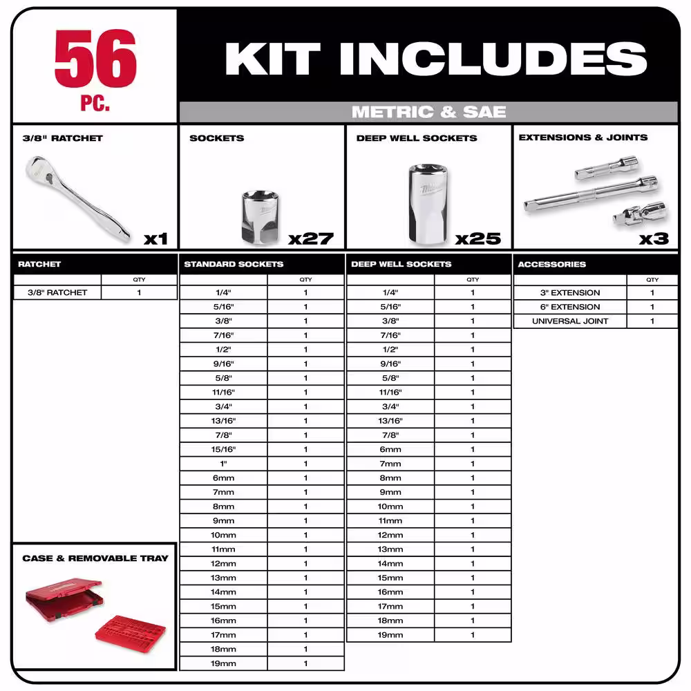Milwaukee 3/8 in. Drive SAE/Metric Ratchet and Socket Mechanics Tool Set with 3/8 in. Drive 12 in. Extended Ratchet (57-Piece)