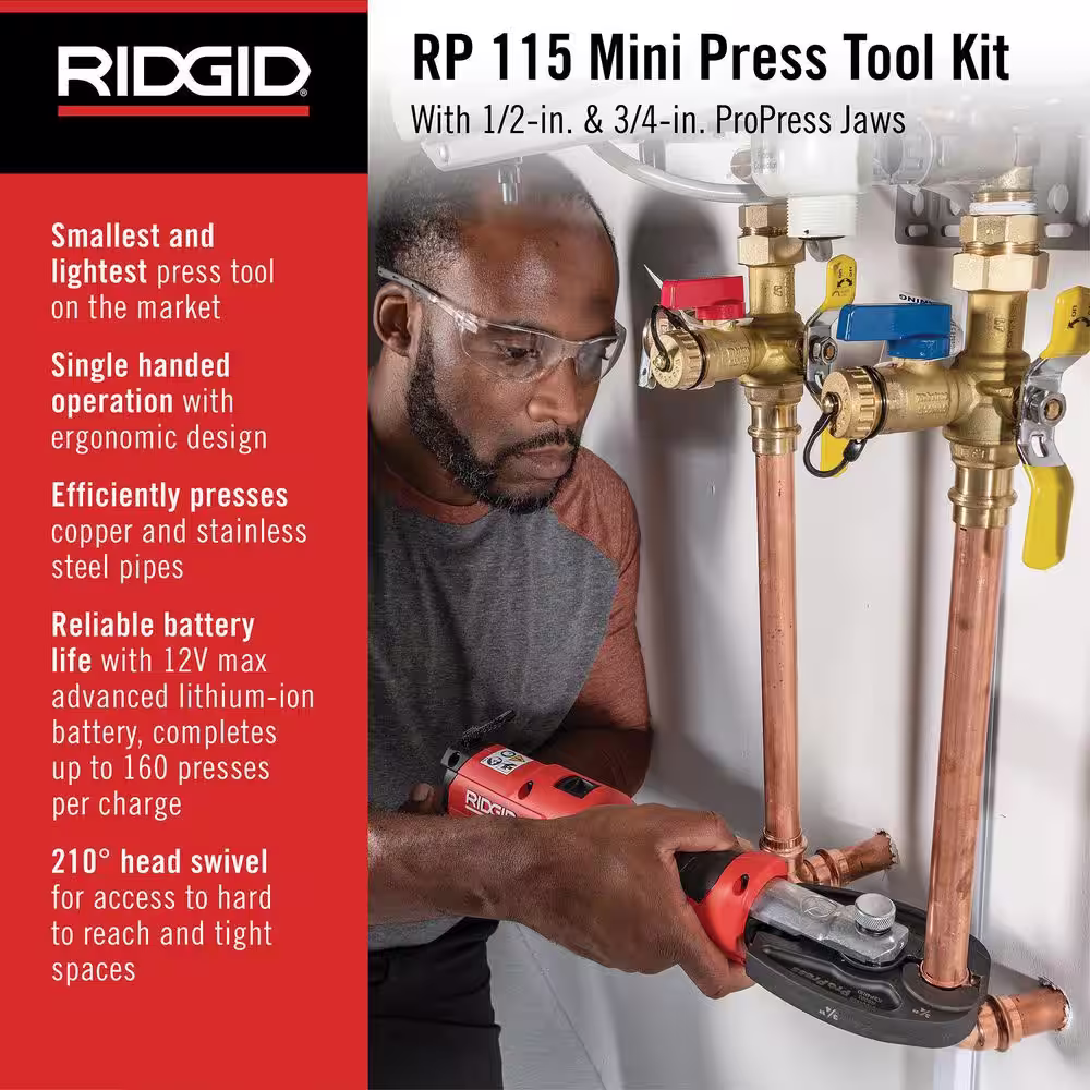 RIDGID RP 115 Mini Press Tool Kit for 1/2 in. - 3/4 in. Copper & Stainless Fittings + 2 Pureflow Jaws (1/2 in. and 3/4 in. PEX)