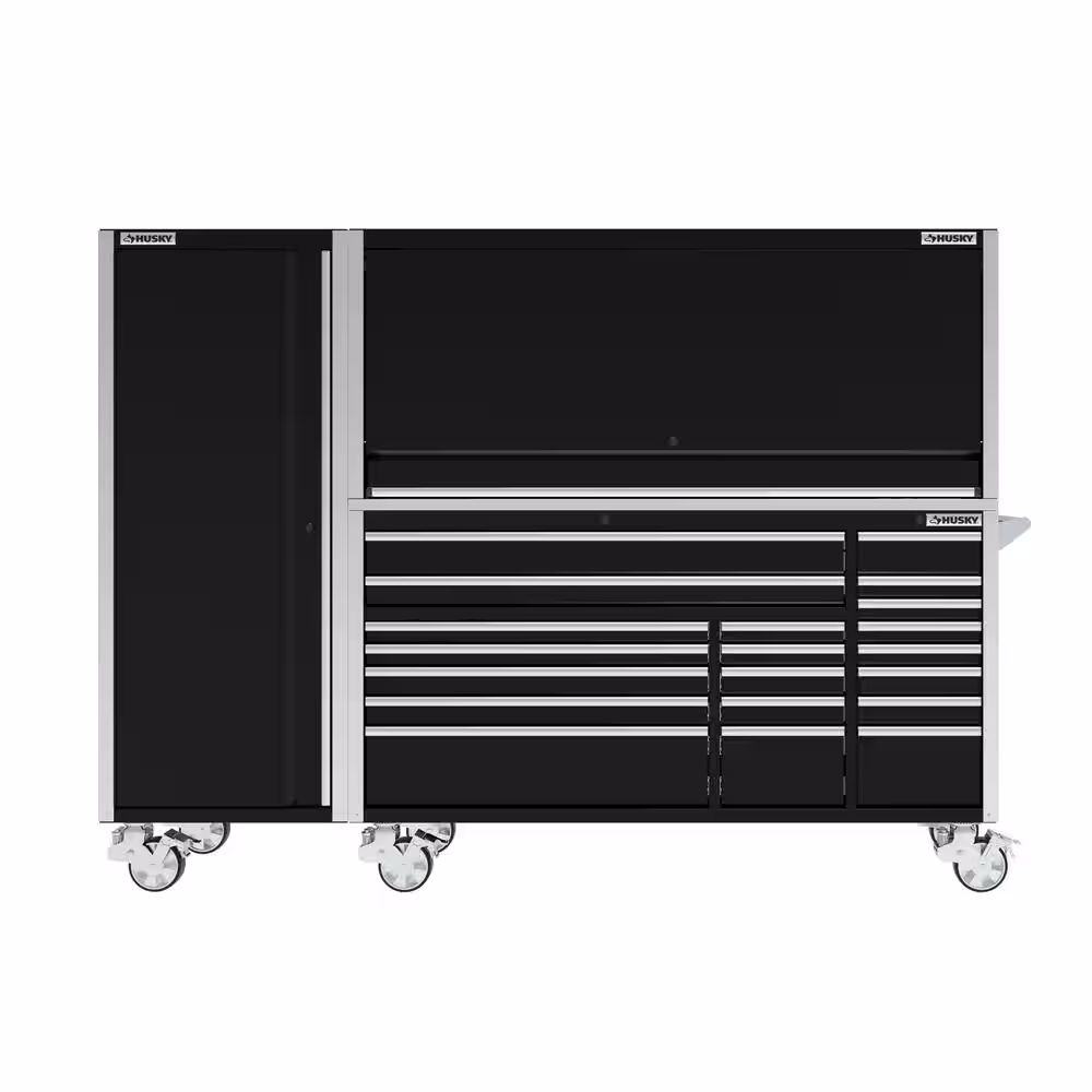 Husky 72 in. W x 24.5 in. D Professional Duty 20-Drawer Mobile Workbench Combo w/ Side Locker and Top Hutch in Gloss Black