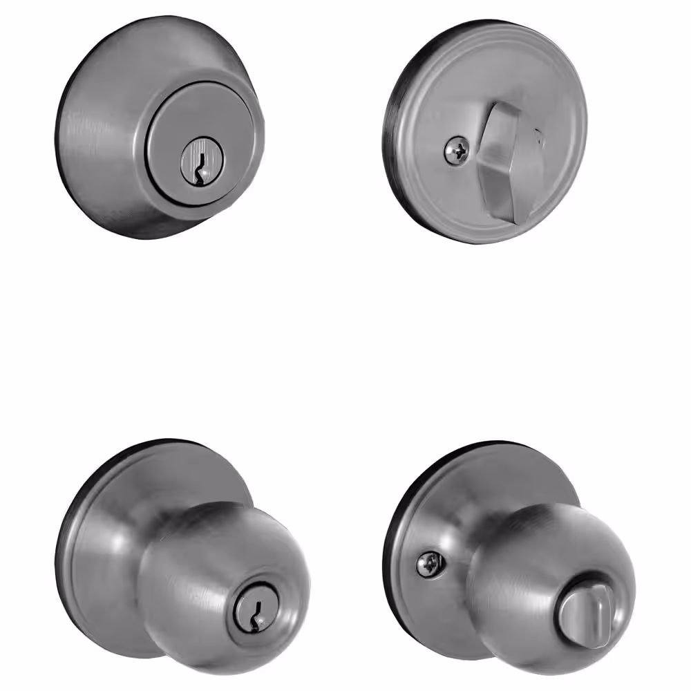 None Morrow Satin Stainless Steel Single Cylinder Deadbolt and Keyed Entry Door Knob Project Pack