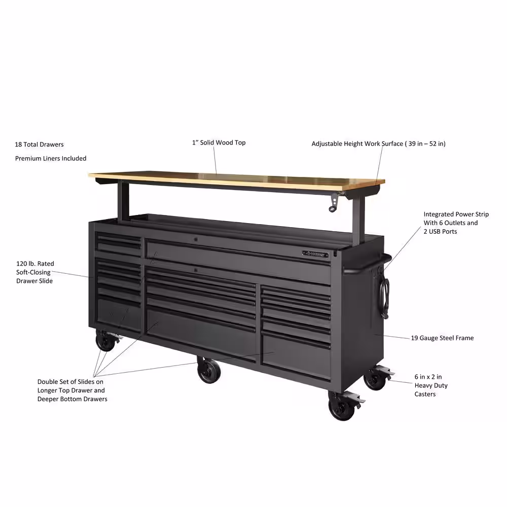 Husky 72 in. W x 24 in. D Heavy Duty 18-Drawer Mobile Workbench Cabinet with Adjustable-Height Hardwood Top in Matte Black
