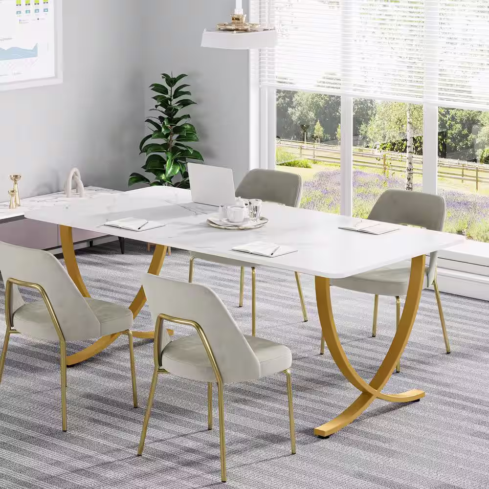 TRIBESIGNS WAY TO ORIGIN Halseey 63 in. Rectangular White Wood Computer Desk with Gold Metal Legs, Modern Study Writing Table Conference Table