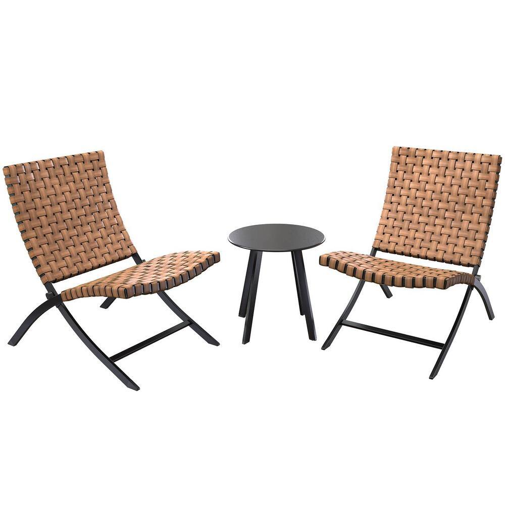 None 3-Piece Wicker Outdoor Bistro Set Outdoor Porch Bistro Sets Foldable Wicker Lounger Chairs and Coffee Table in Brown