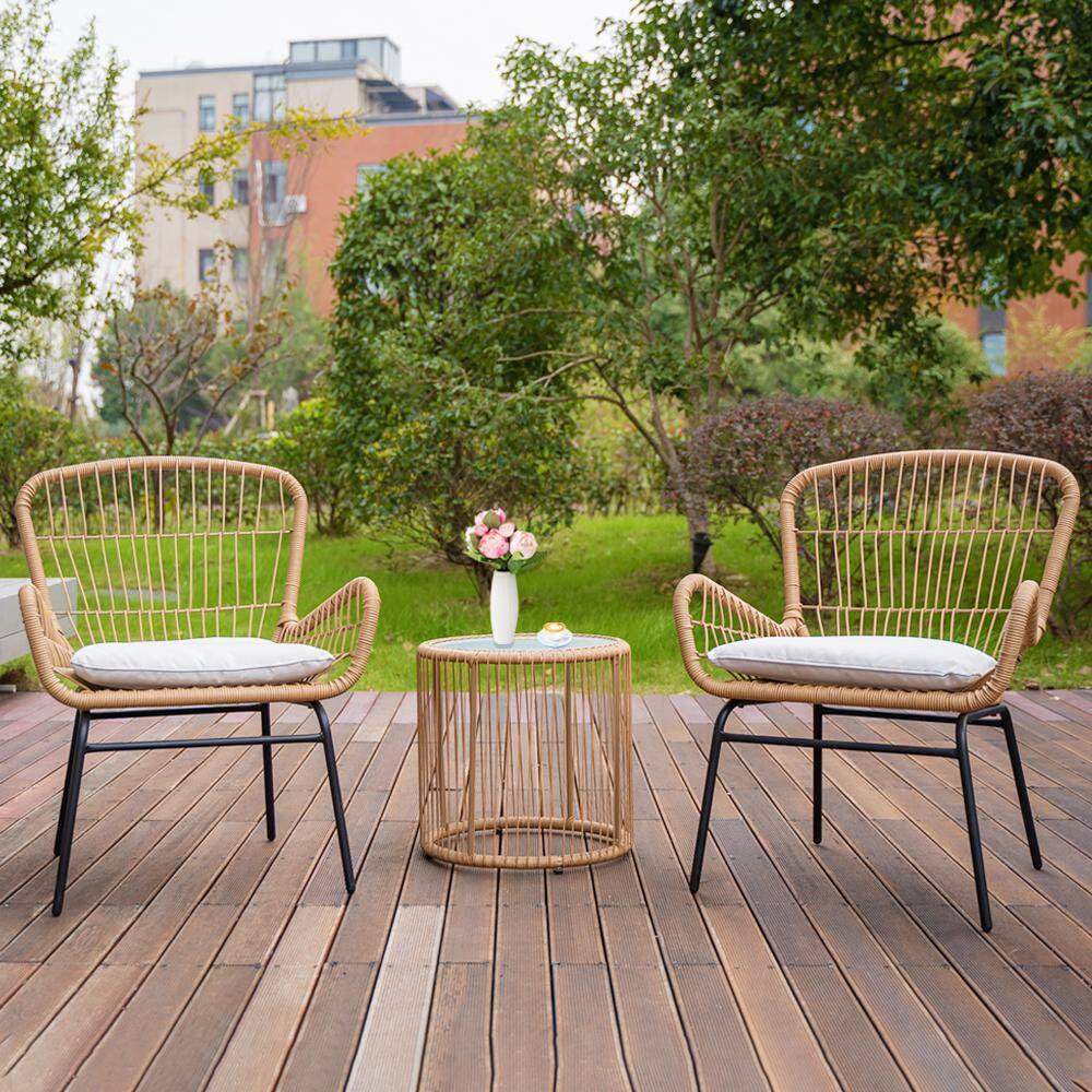 None 3-Piece Rattan Wicker Patio Outdoor Bistro Set Armchairs and Side Table Balcony Porch Furniture Set with Beige Cushion