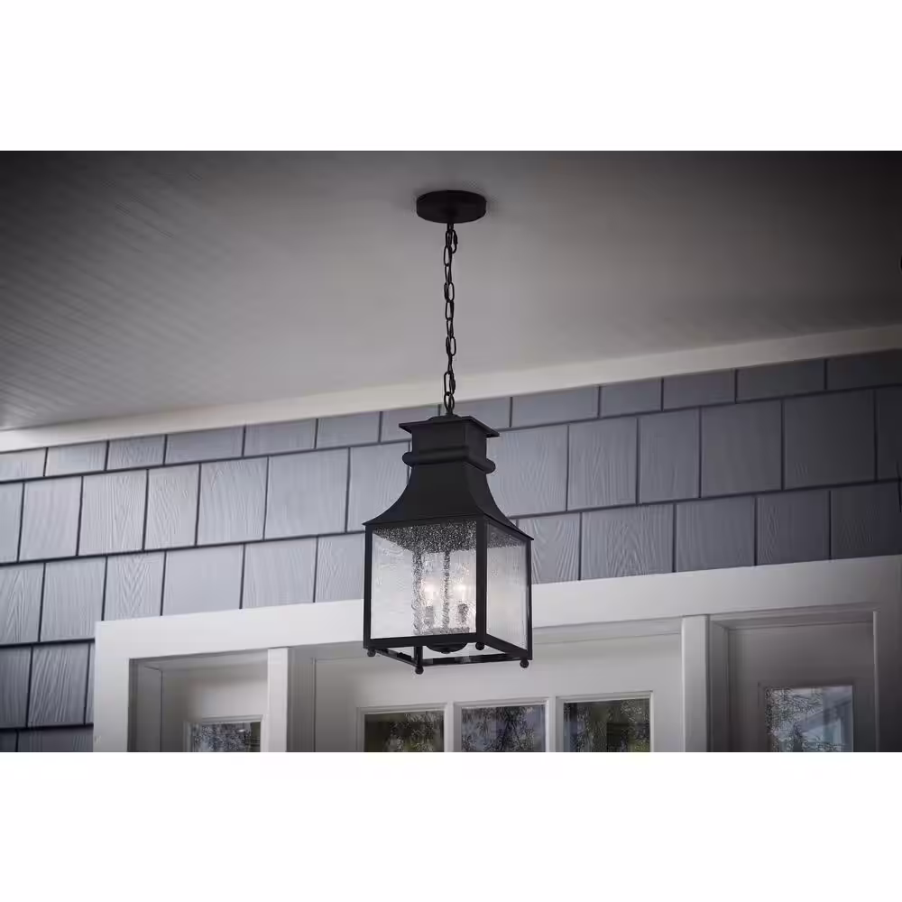 Home Decorators Collection Rainbrook 2-Light Matte Black Outdoor Pendant Light Fixture with Seeded Glass