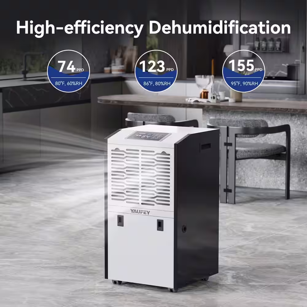 Yaufey 155-Pint Industrial Dehumidifier with Intelligent Drying for Warehouses, Basements up to 8000 sq ft, White