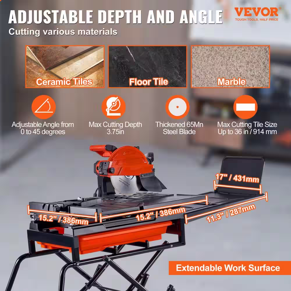 VEVOR Wet Tile Saw, 15-Amps 10 in. 65Mn Corded Wet Tile Saw, 4500 RPM, Tile Cutter Wet Saw with Water Reservoir and Casters