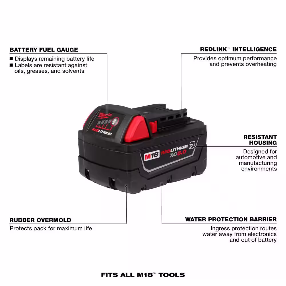 Milwaukee M18 FUEL GEN-2 18V Lithium-Ion Mid Torque Brushless Cordless 3/8 in. Impact w F Ring w/5.0 ah Resistant Battery