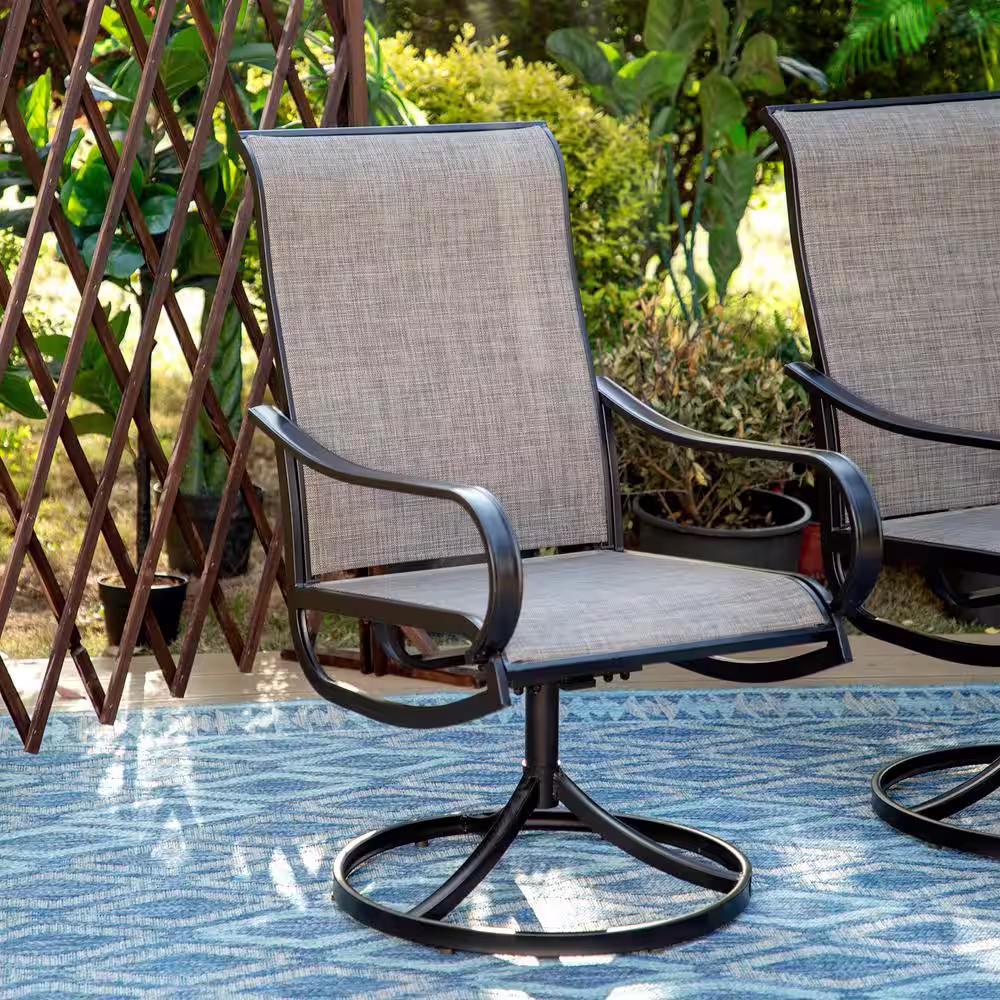 None Black 8-Piece Metal Rectangle Patio Outdoor Dining Set with Slat Table, Umbrella and Textilene Swivel Chairs