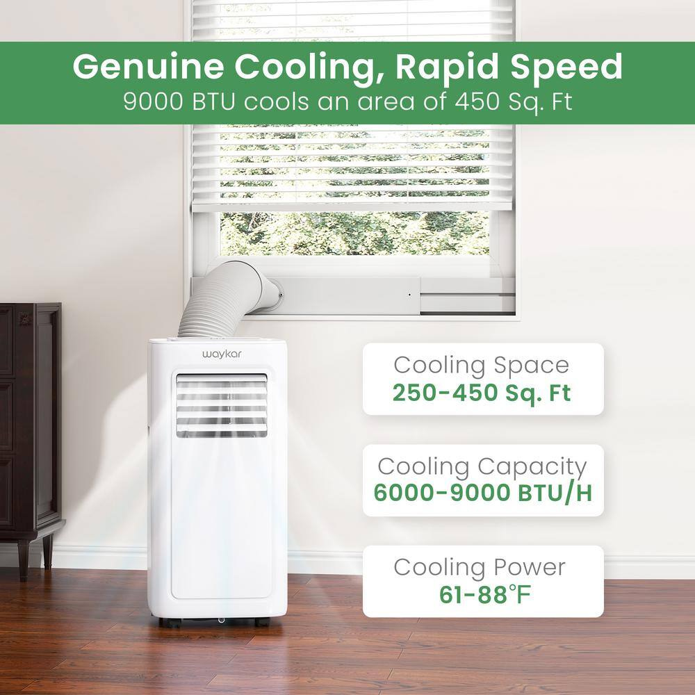 waykar 9,000 BTU Portable Air Conditioner up to 450 sq. ft with Dehumidifier and Fan Mode, 3 in. 1 Room AC with Drain Hose