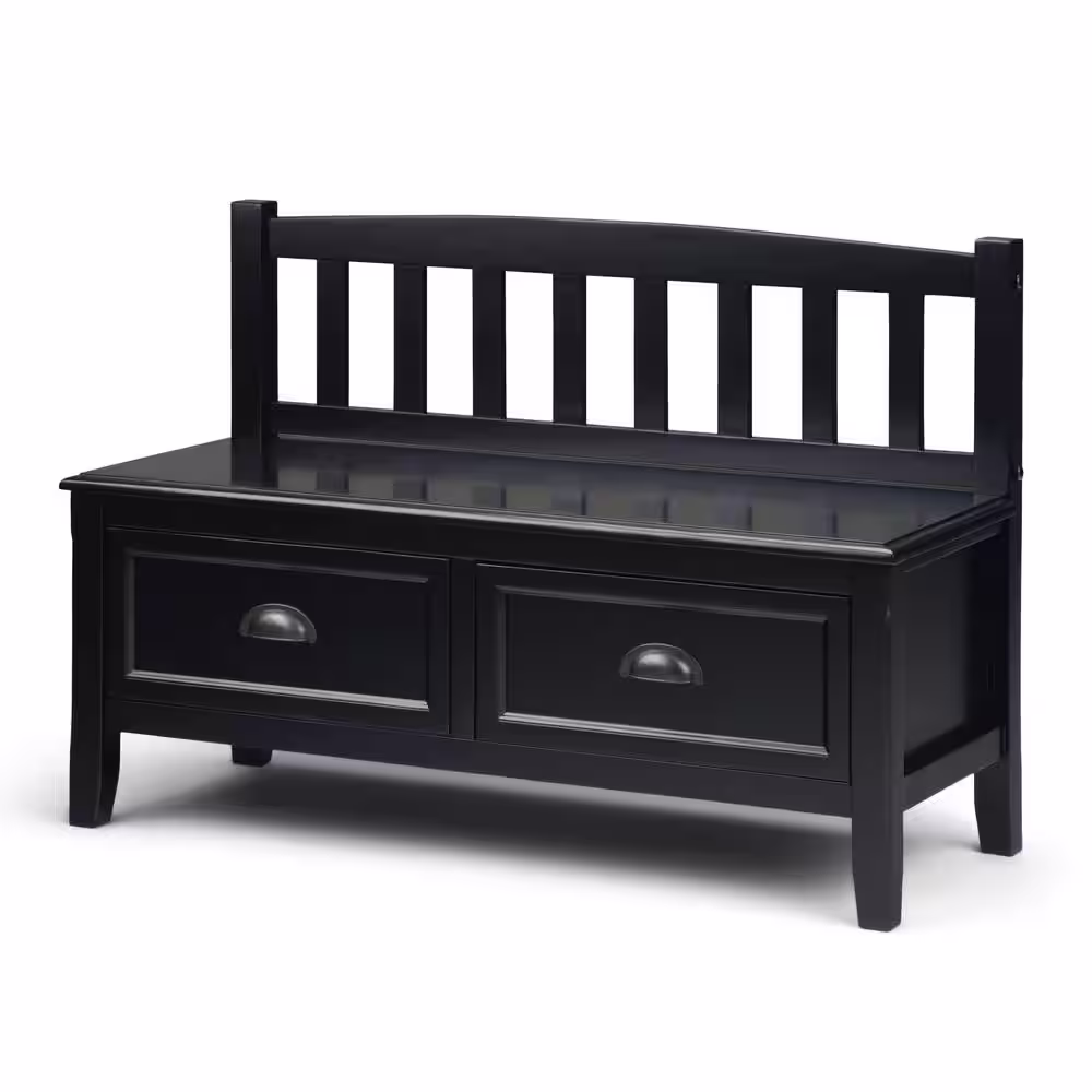 Simpli Home Burlington Solid Wood 42 in. Wide Transitional Entryway Storage Bench with Drawers in Black