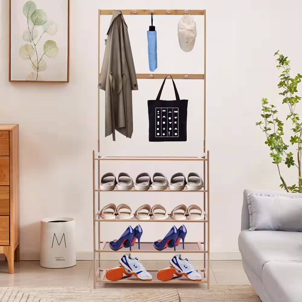 None 69.29 in. H 12-Pair Multifunctional Wood Shoe Rack with 10 Hooks