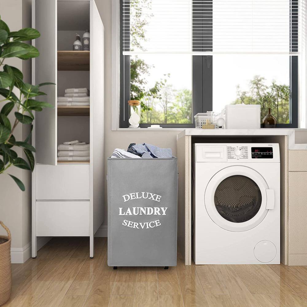 None 90L Fabric Laundry Basket Hamper with Wheels Light Gray