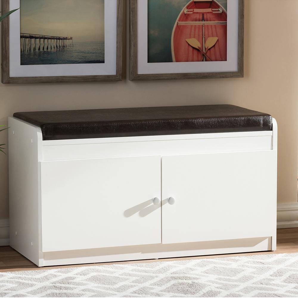 Baxton Studio 17 in. 8-Pair Margaret Modern and Contemporary White Wood 2-Door Shoe Organizer with Faux Leather Seating Bench