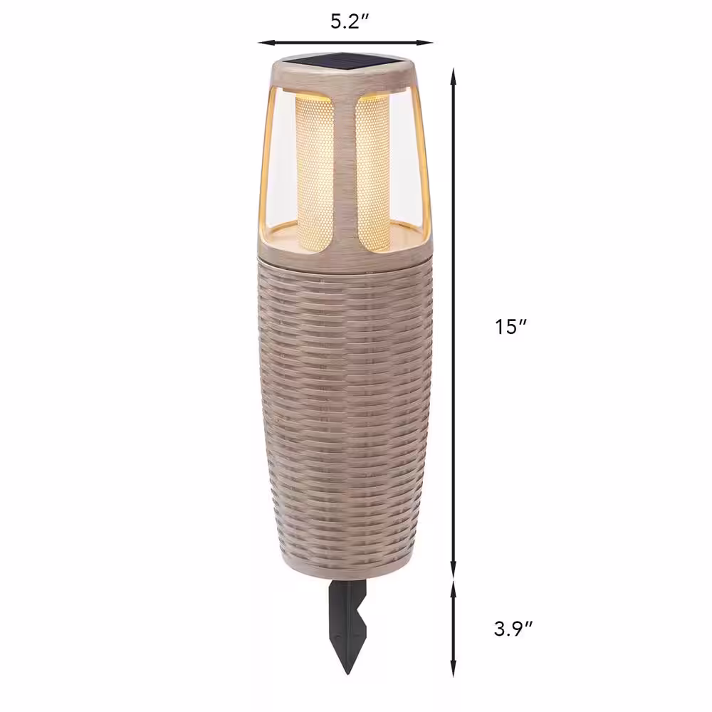 Hampton Bay Ambrose Specialty Finish Natural Wicker LED Flicker Flame Outdoor Solar Bollard Light