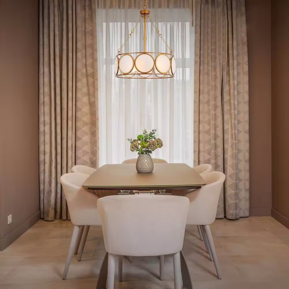 Zevni 3-Light Antique Gold Modern Pendant Light, Frosted Glass Round Chandelier, Transitional Dining Room Drum Chandelier