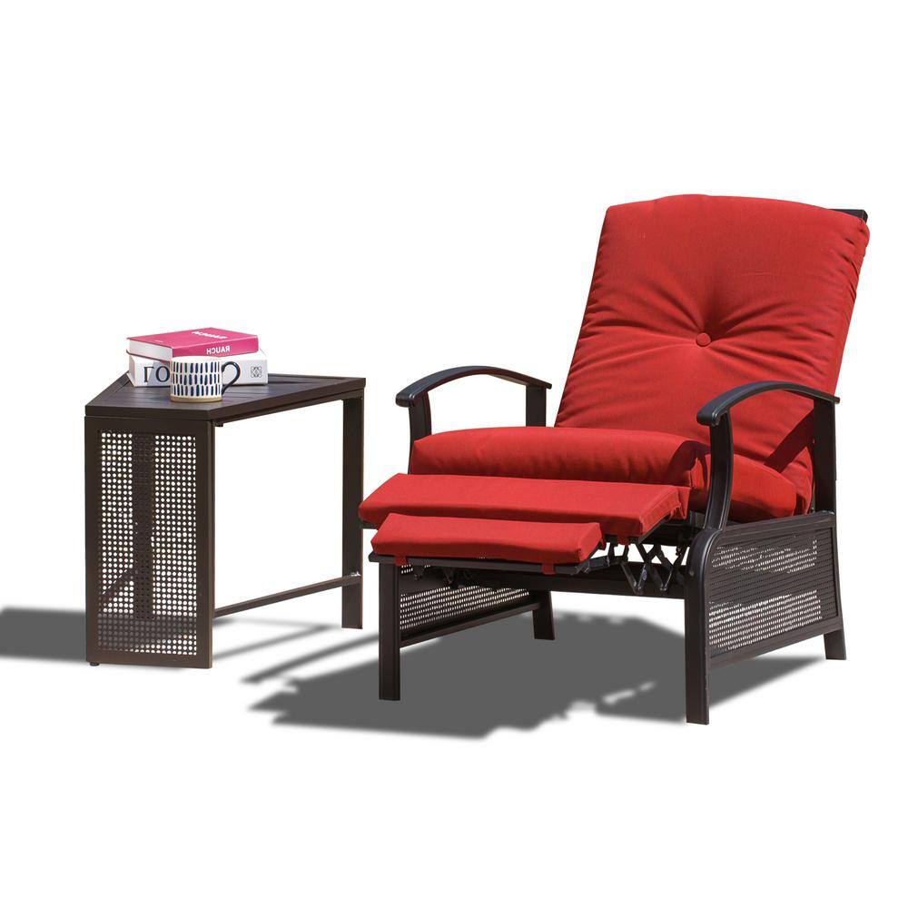 None Brown 2-Piece Metal Outdoor Bistro Recliner Set with Red Cushions