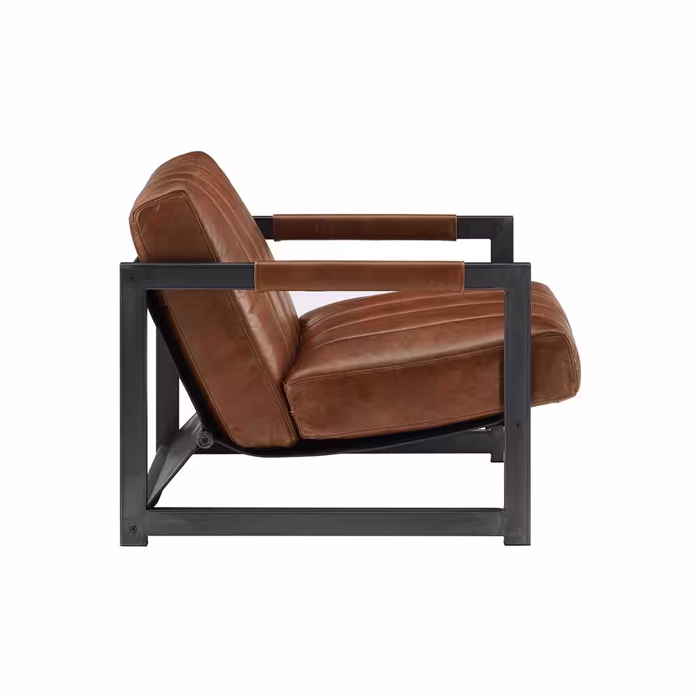 None Top Leather Cognac Genuine Leather Accent Arm Chair with Black Metal Frame
