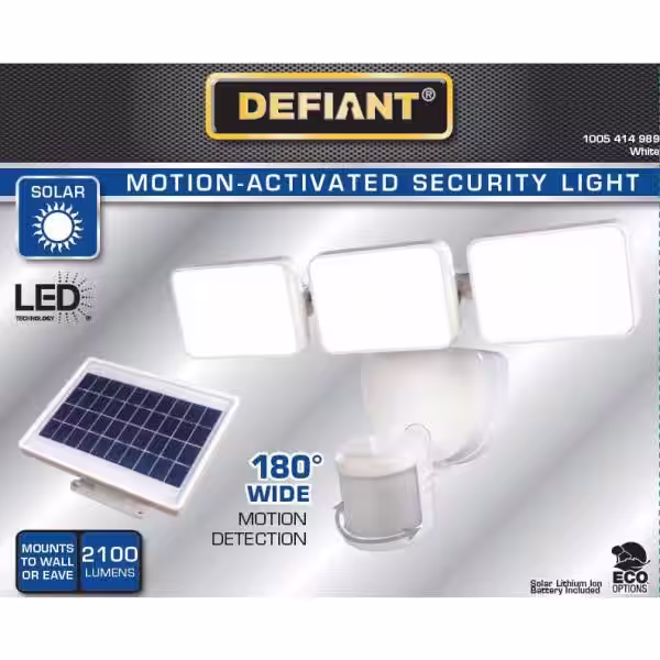 Defiant 180 Degree Integrated LED Motion Sensor Solar Powered White 3-Head Outdoor Flood Light