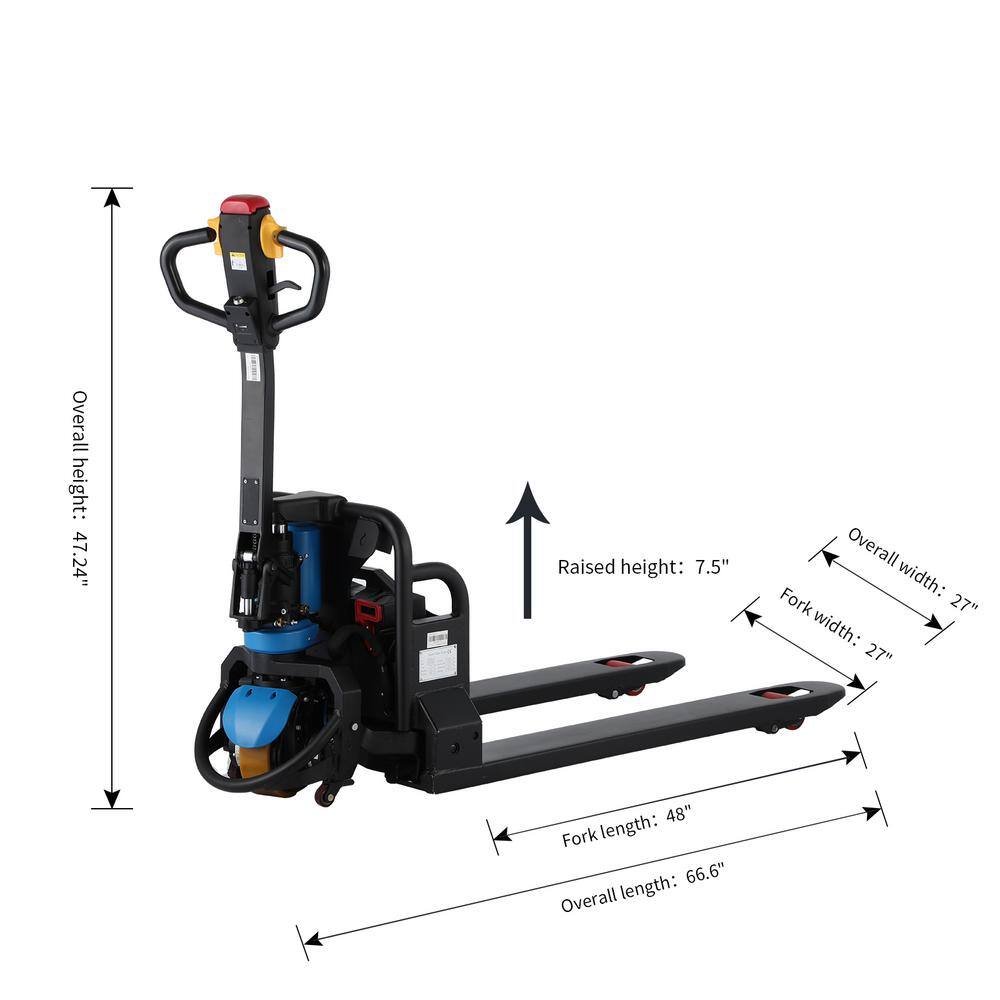 None 3300 lbs. 48V/20AH Li-Ion Powered Pallet Jack Electric Walkie Pallet Truck w/48 x 27 in. Fork Size 3.1 in. Lowered Blue