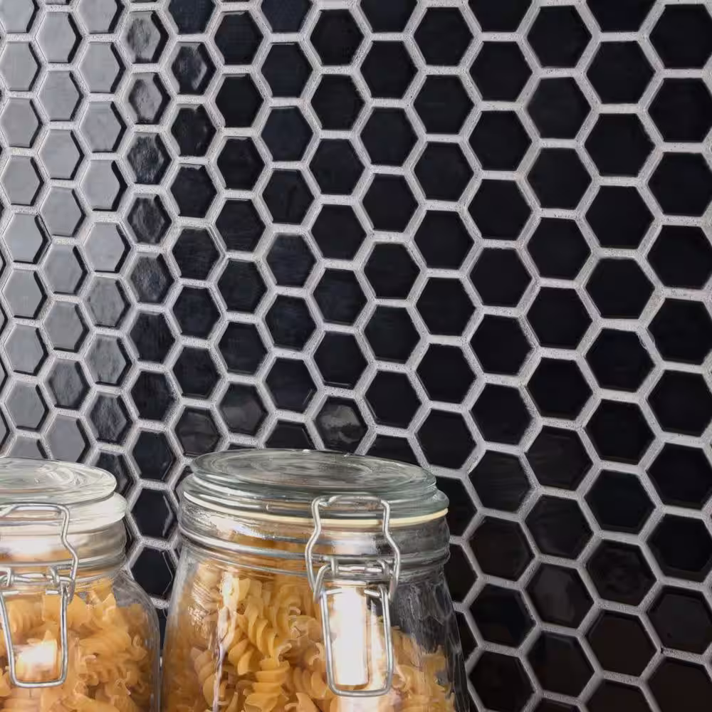 Merola Tile Metro 1 in. Hex Glossy Black 10-1/4 in. x 11-7/8 in. Porcelain Mosaic Tile (8.6 sq. ft./Case)