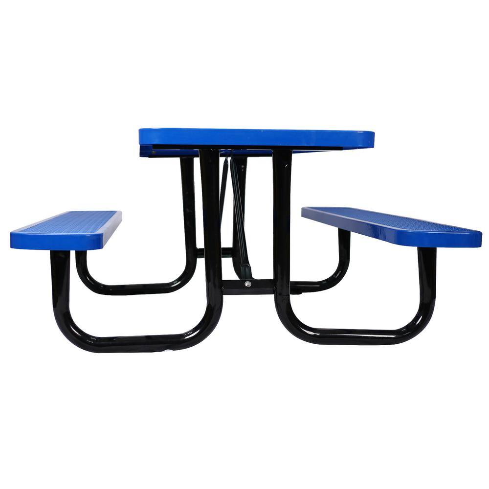 None 6 ft. Blue Rectangular Outdoor Steel Picnic Table with Umbrella Pole