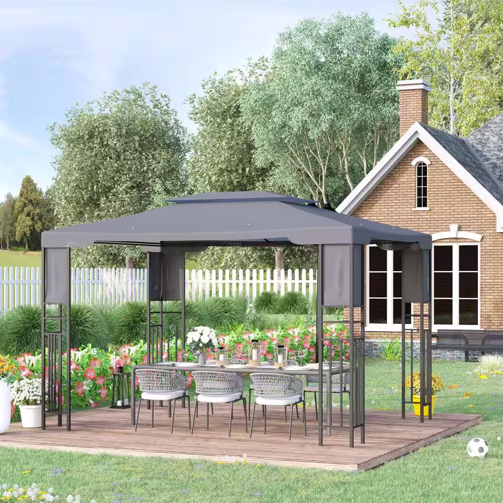 Outsunny 13 ft. x 10 ft. Grey Patio Gazebo Outdoor Canopy Shelter with Double Vented Roof, Storage Shelves, Steel Frame