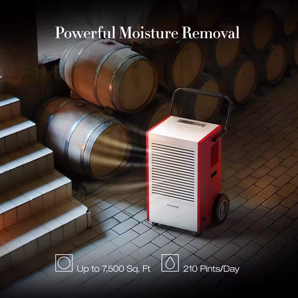 Sleavon 210-Pint large Commercial Grade Dehumidifier With 6.56 ft. Drain, No Tank, u\Up to 7,500 sq. ft. Use Area, Red
