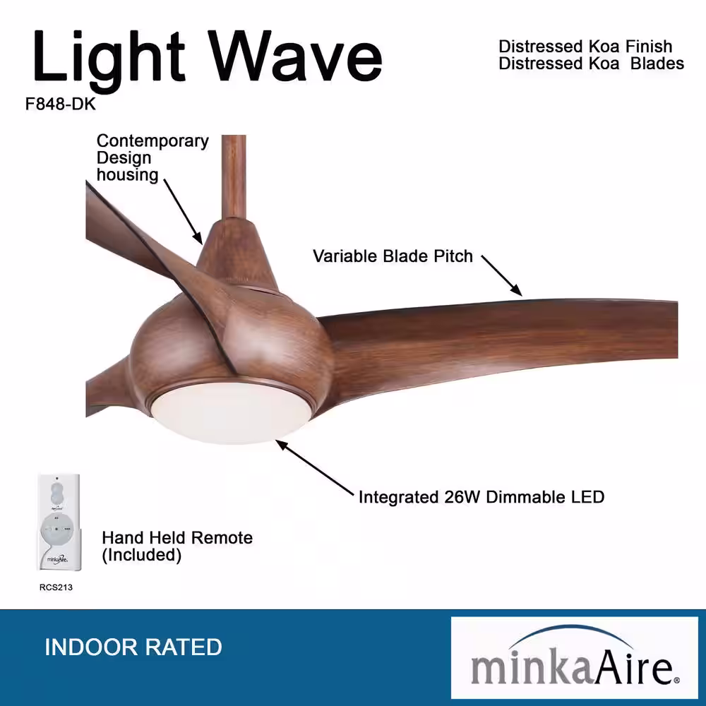 MINKA-AIRE Light Wave 65 in. Integrated LED Indoor Distressed Koa Ceiling Fan with Light and Remote Control