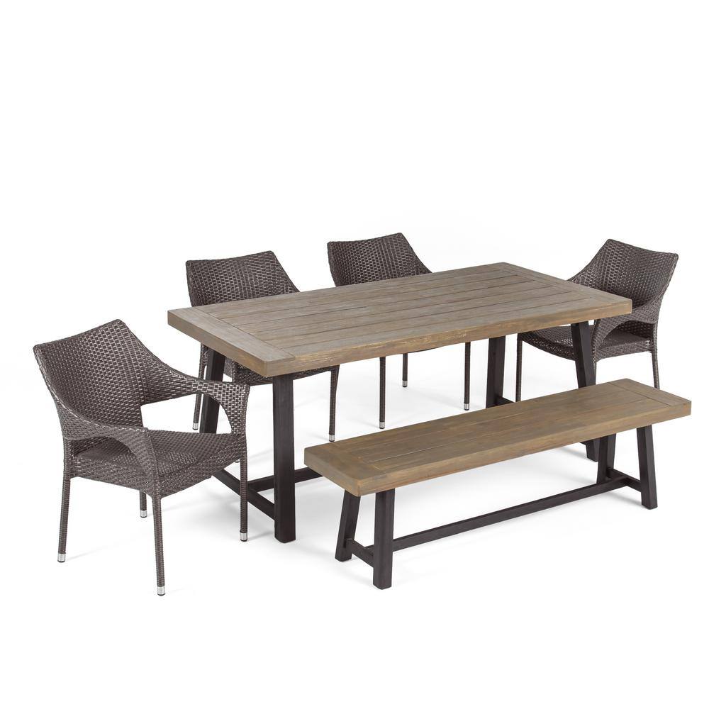 Noble House Brecken Sandblast Grey 6-Piece Wood and Grey Faux Rattan Outdoor Dining Set