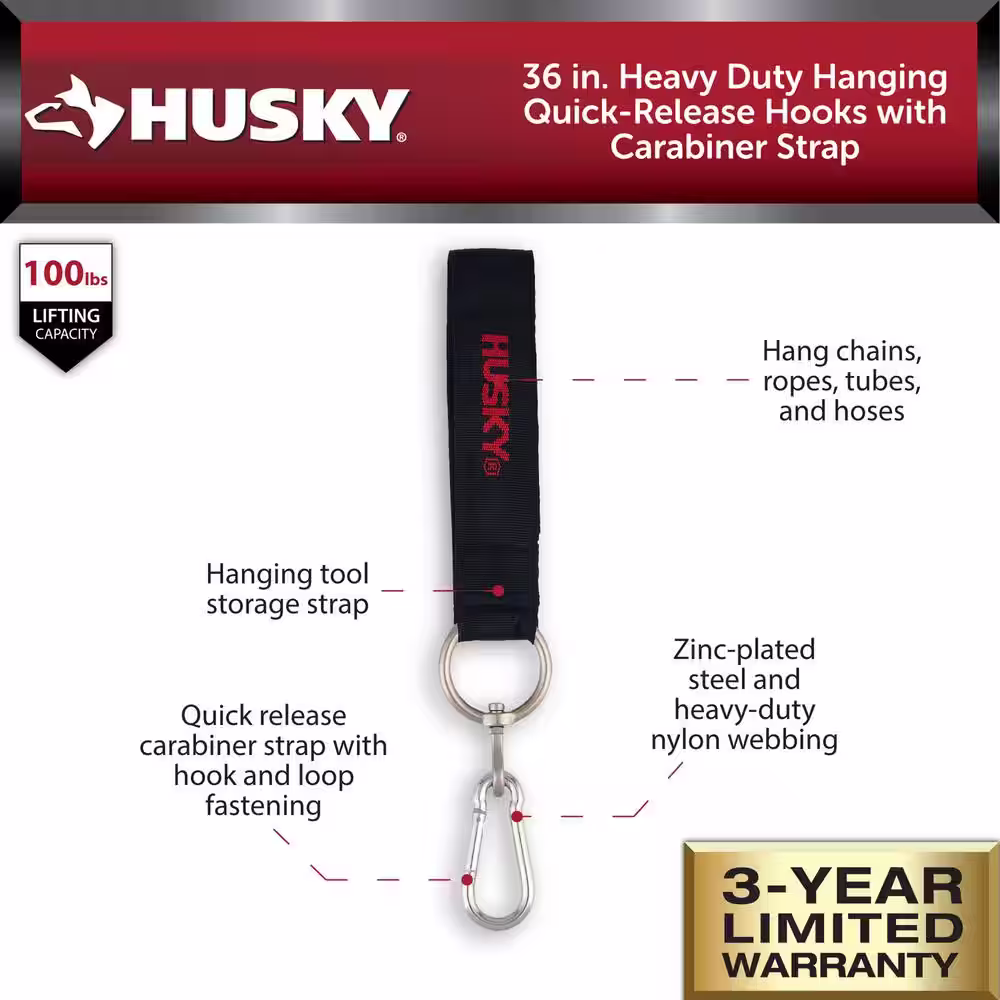 Husky 36 in. Heavy Duty Hanging Quick-Release Hooks with Carabiner Strap