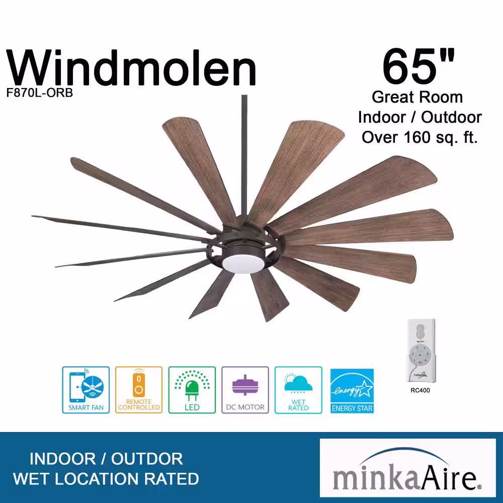 MINKA-AIRE Windmolen 65 in. Integrated LED Indoor/Outdoor Oil Rubbed Bronze Smart Ceiling Fan with Light Kit and Remote Control