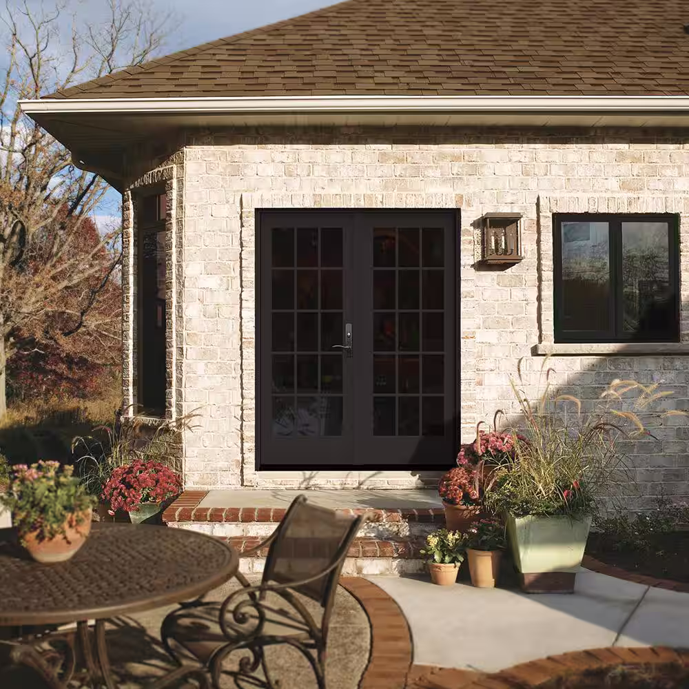 JELD-WEN W5500 60 x 80 Left-Hand/Inswing Low-E Chestnut Bronze Clad Wood Double Prehung Patio Door with Fruitwood Interior