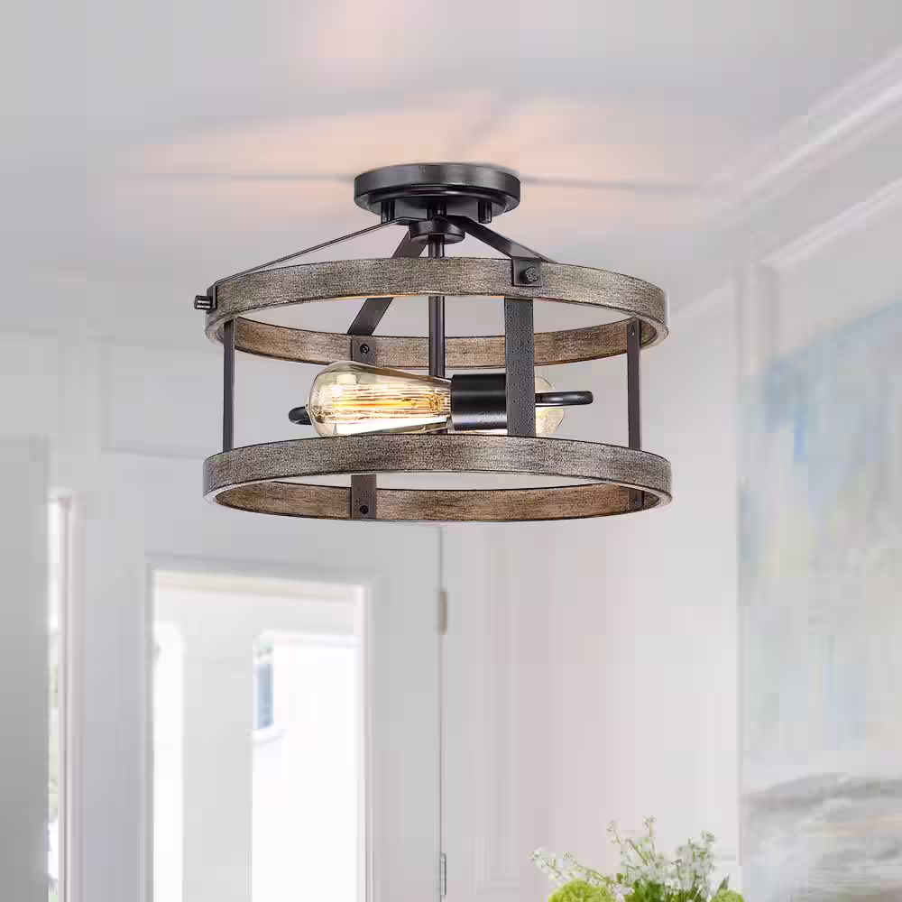 TRUE FINE Madison 13 in. 2-Light Natural Iron and Distressed Faux Wood Industrial Farmhouse Semi-Flush Mount Ceiling Light