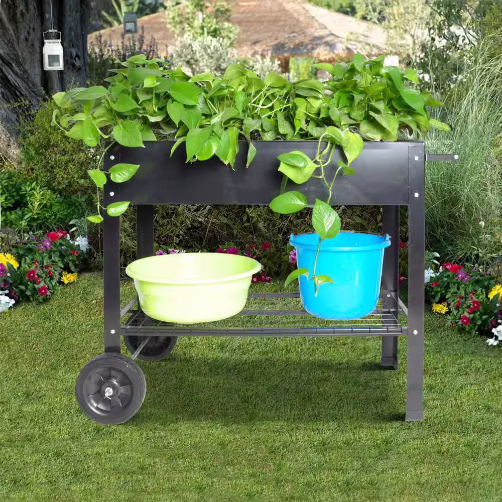 None 39.8 in. L Black Metal Raised Planter Elevated Garden Bed Planter Box with Wheels