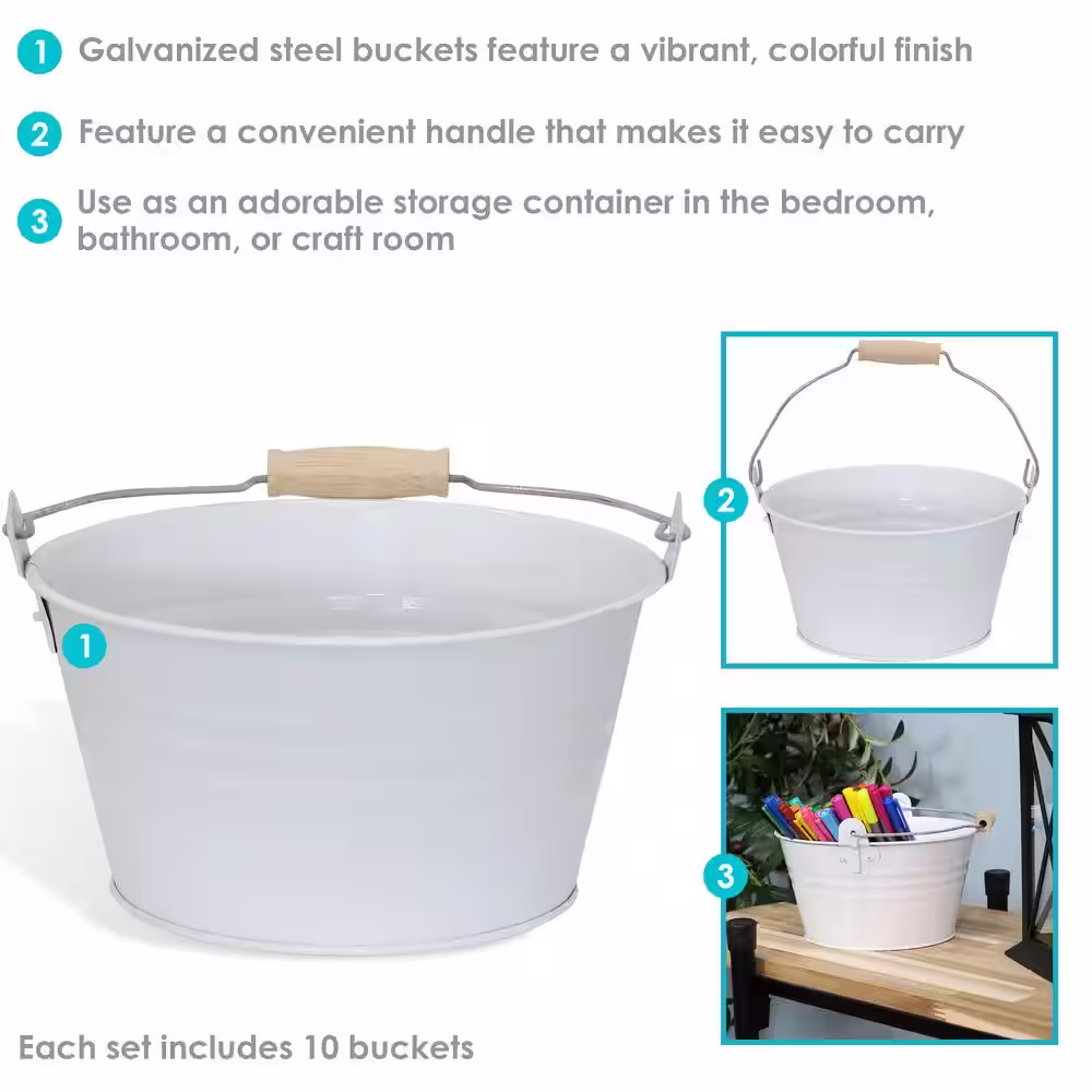 Sunnydaze Decor Galvanized Steel Bucket Planter with Handle - White - Set of 10