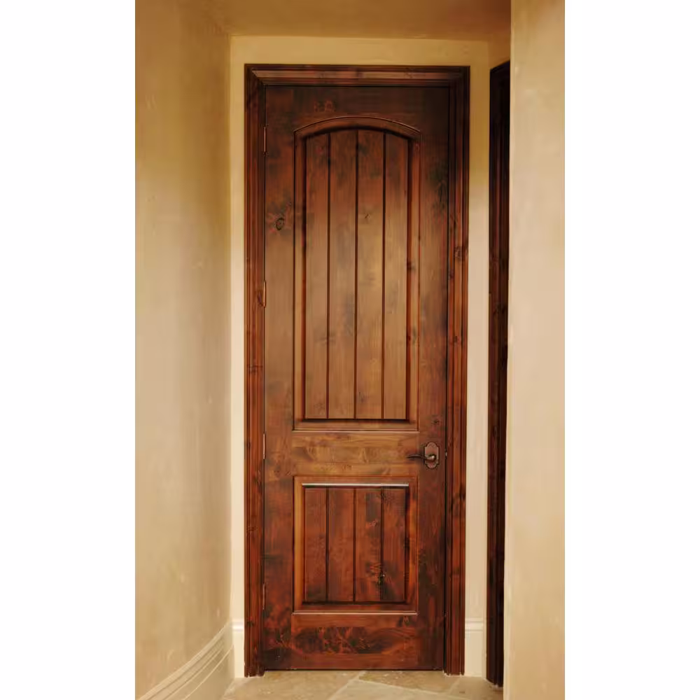 Krosswood Doors 30 in. x 80 in. Knotty Alder 2 Panel Top Rail Arch V-Groove Solid Wood Right-Hand Single Prehung Interior Door