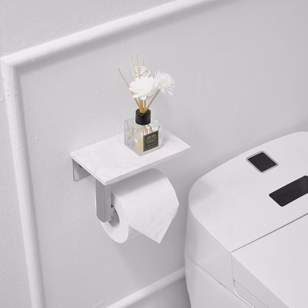 BWE Wall Mount Toilet Paper Holder With Natural Marble Shelf Tissue Storage Holder In Brushed Nickel