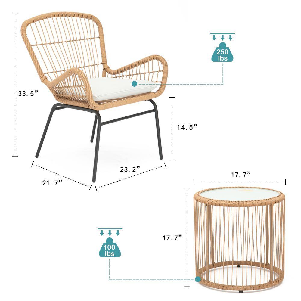 None 3-Piece Rattan Wicker Patio Outdoor Bistro Set Armchairs with Glass Top Table and White Cushion