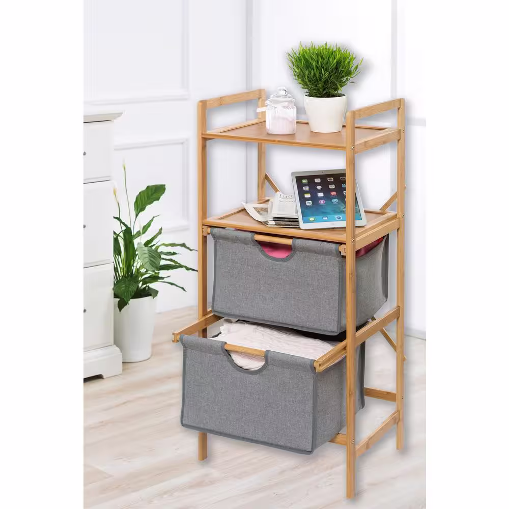 Wenko Bahari 2-Drawer, 2-Shelf Bamboo and Fabric Laundry Sorter