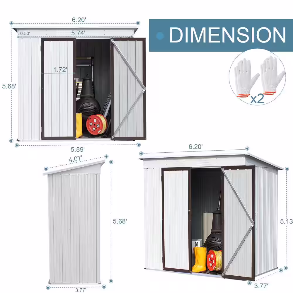 None 6.20 ft. W x 3.77 ft. D White and Coffee Metal Shed with Double Door (23.37 sq. ft.)