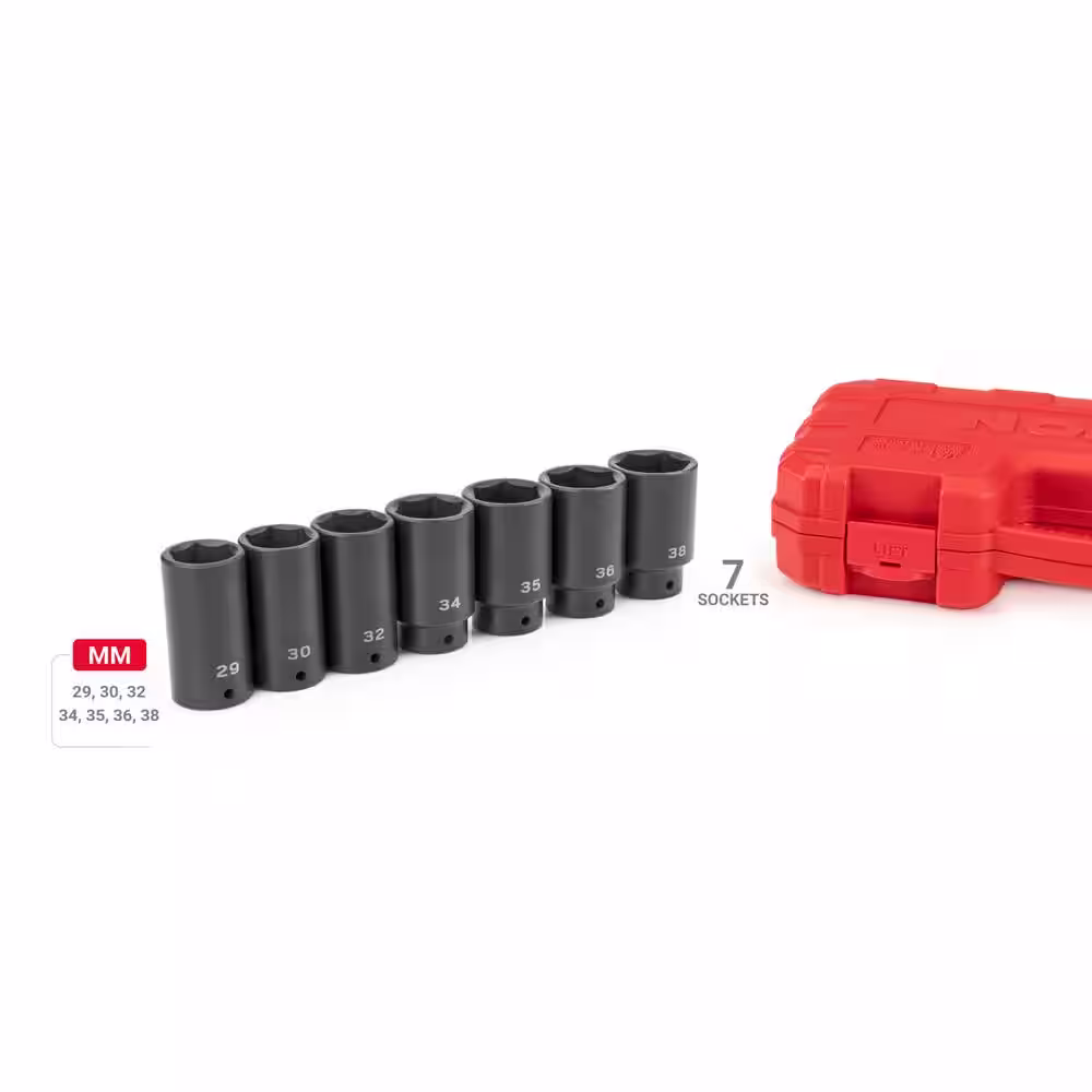 TEKTON 1/2 in. Drive Deep 6-Point Axle Nut Impact Socket Set with Case, 7-Piece (29-38 mm)