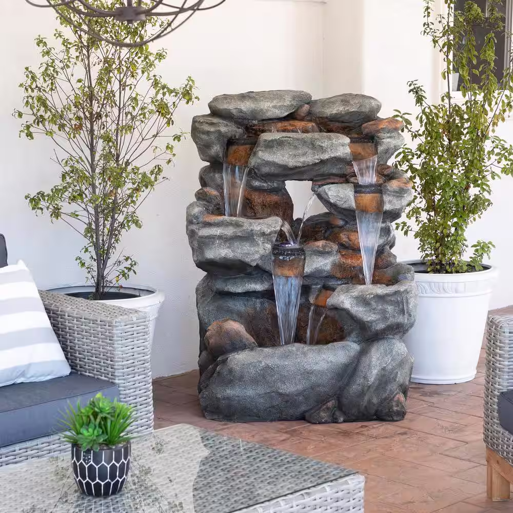 Alpine Corporation 54 in. Tall Indoor/Outdoor 5-Tier Waterfall Rock Fountain with LED Lights