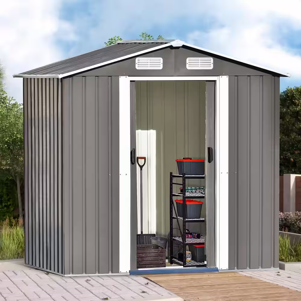 BTMWAY 6 ft. W x 4 ft. D Gray Metal Bike Shed & Outdoor Storage Shed with Sliding Door(23.4 sq. ft.) Tool Shed for Garden Lawn